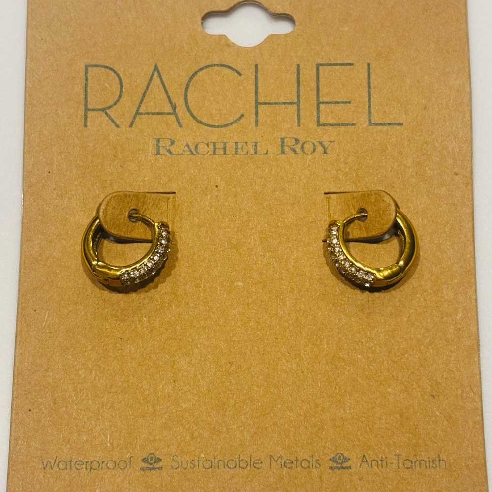 Rachel Roy Gold Tone Pave Huggie Hoop Earrings – Sustainable Metals – NWT Gift